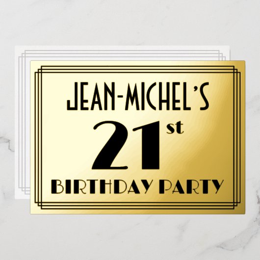 21e verjaardag — Art Deco look "21" + Naam Folie Uitnodiging (Voorkant / Achterkant)