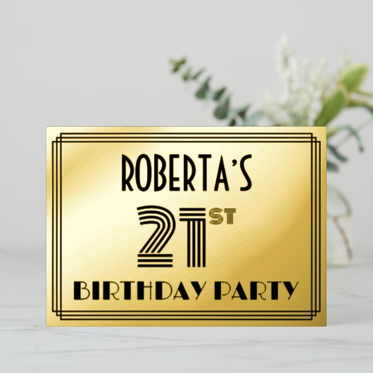 21e verjaardag — Art Deco Style "21" en naam Folie Uitnodiging (Staand Voorkant)