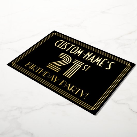21e verjaardag — Art Deco Style "21" + Naam Folie Uitnodiging (Gedraaid)