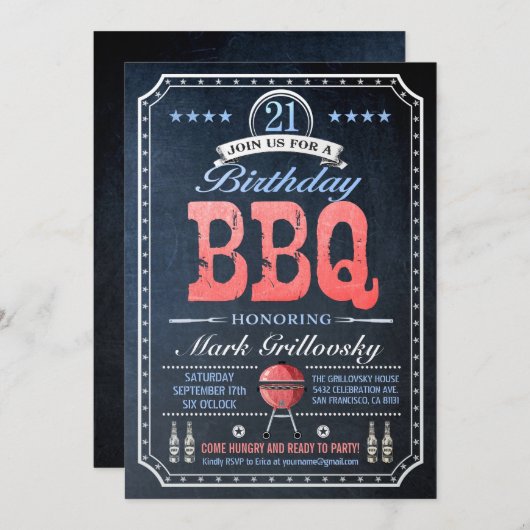 21e verjaardag BBQ-uitnodigingen | Chalkboard Kaart (Voorkant / Achterkant)