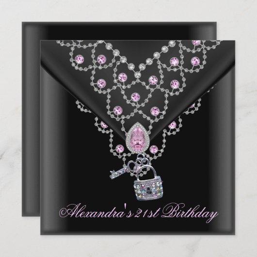 21e verjaardag Bekleding zwarte roze juwelen sleut Kaart (Voorkant / Achterkant)
