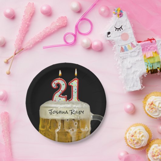 21e verjaardag bier met kaars papieren bordje (Feest)