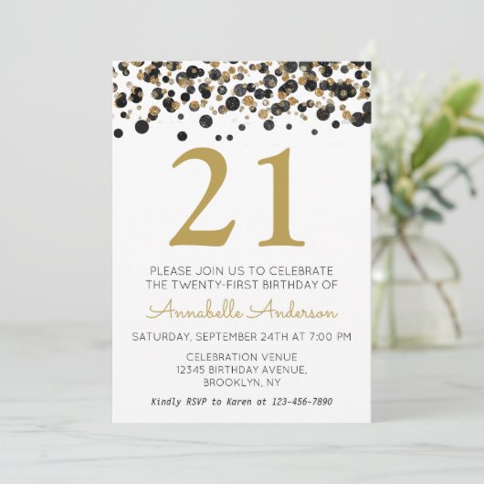 21e Verjaardag Black Gold Glitter Sparkle Confetti Kaart (Staand voorkant)