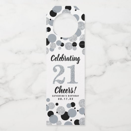 21e Verjaardag Black Grey Silver Glitter Confetti Flessenhanger (Voorkant)