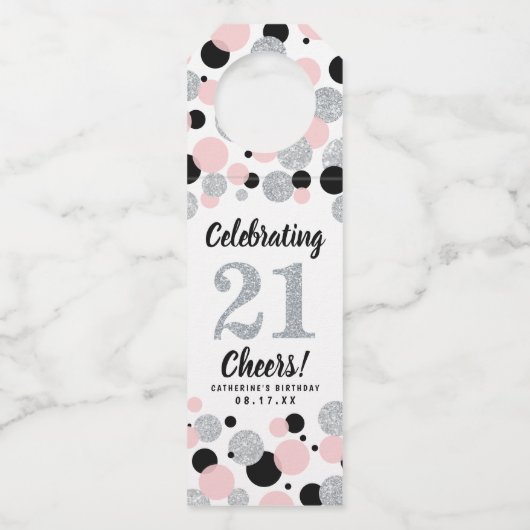 21e Verjaardag Black Pink Silver Glitter Confetti Flessenhanger (Voorkant)