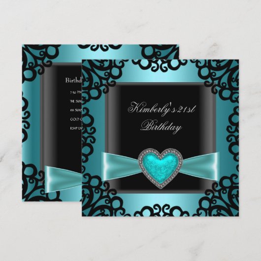 21e verjaardag Black Silver Blauwgroen Blue Heart Kaart (Voorkant / Achterkant)