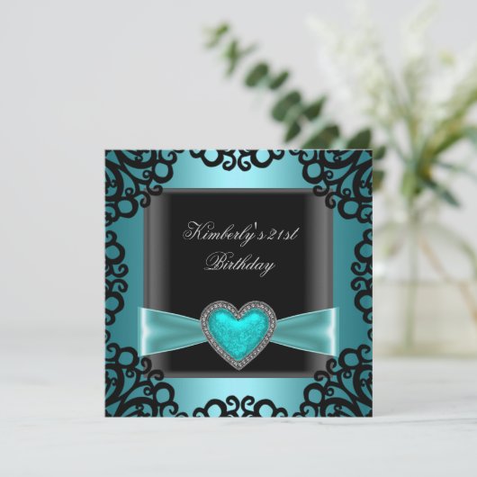 21e verjaardag Black Silver Blauwgroen Blue Heart Kaart (Staand voorkant)