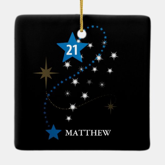 21e verjaardag blauw en zwart gepersonaliseerd keramisch ornament (Achterkant)