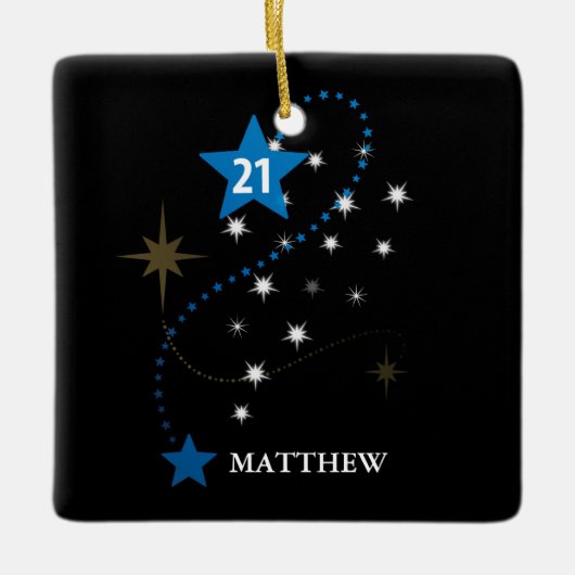 21e verjaardag blauw en zwart gepersonaliseerd keramisch ornament (Voorkant)