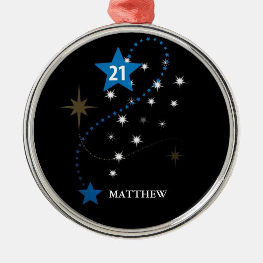 21e verjaardag blauw en zwart gepersonaliseerd metalen ornament (Voorkant)