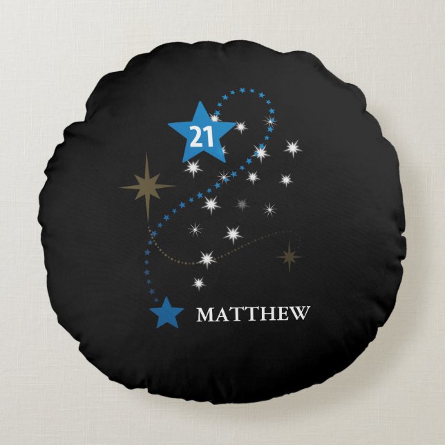 21e verjaardag blauw en zwart gepersonaliseerd rond kussen (Voorkant)