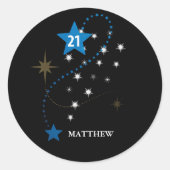 21e verjaardag blauw en zwart gepersonaliseerd ronde sticker (Voorkant)