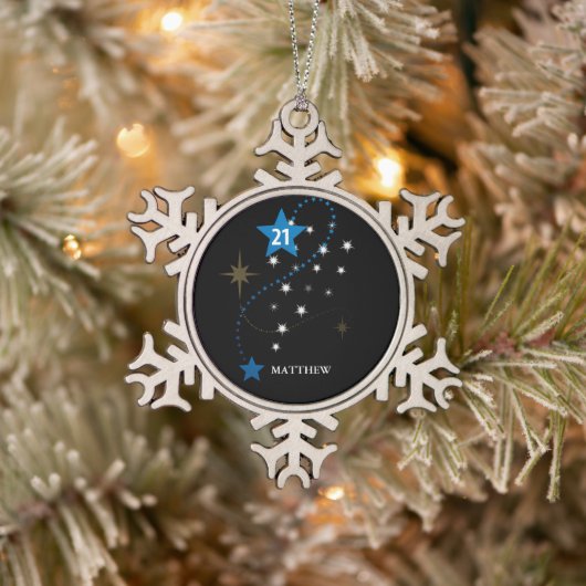 21e verjaardag blauw en zwart gepersonaliseerd tin sneeuwvlok ornament (Boom)