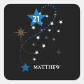 21e verjaardag blauw en zwart gepersonaliseerd vierkante sticker (Voorkant)