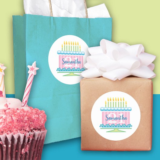 21e Verjaardag Blauw Roze Taart Sticker