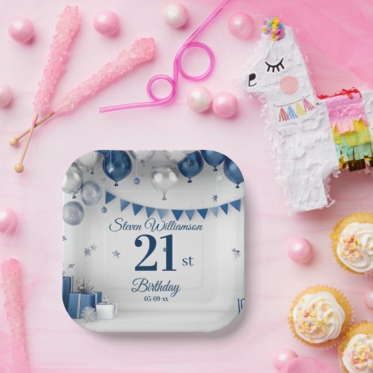 21e verjaardag blauw zilver papieren bordje (Feest)