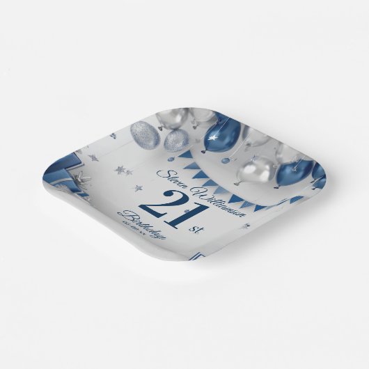 21e verjaardag blauw zilver papieren bordje (Gebogen)