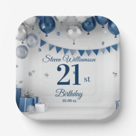 21e verjaardag blauw zilver papieren bordje
