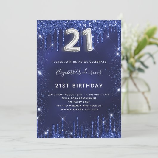 21e verjaardag blauw zilverglitter glitter stofgla kaart (Staand voorkant)