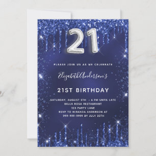 21e verjaardag blauw zilverglitter glitter stofgla kaart