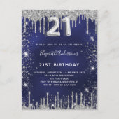 21e verjaardag blauw zilverglitter glitter stofgla uitnodiging briefkaart (Voorkant)