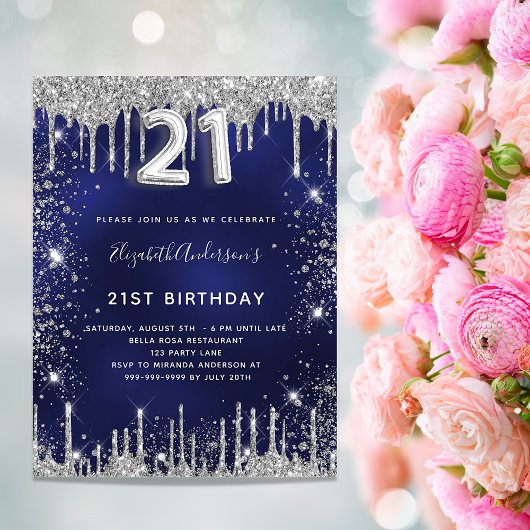 21e verjaardag blauw zilverglitter glitter stofgla uitnodiging briefkaart
