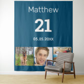 21e verjaardag blauwe foto monogram man wandkleed (In situ)