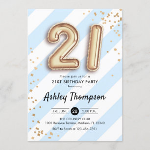 21e verjaardag - Blauwe Strepen Gouden Ballonnen Kaart