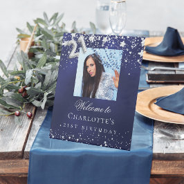 21e verjaardag blauwe zilveren sterren foto welkom reclamebord met voetstuk