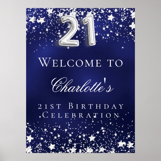 21e verjaardag blauwe zilveren sterren welkomstfee poster (Voorkant)