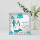 21e verjaardag Blauwgroen blauw hoge hiel zilver 2 Kaart (Staand voorkant)