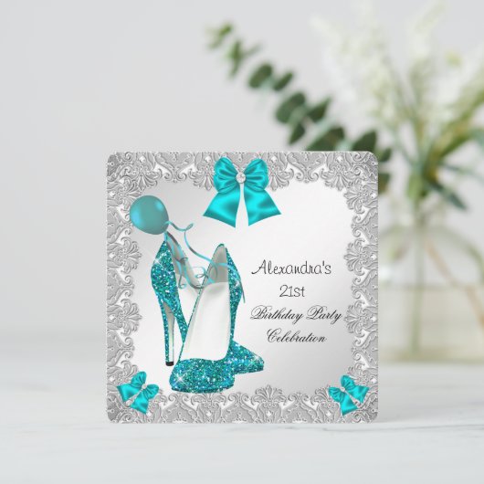 21e verjaardag Blauwgroen blauw hoge hiel zilver 2 Kaart (Staand voorkant)