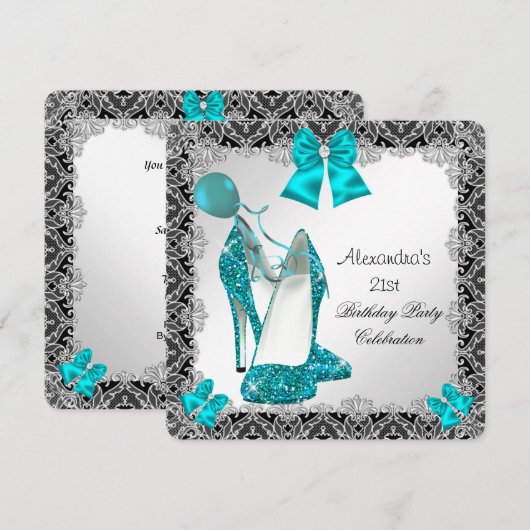 21e verjaardag Blauwgroen blauw hoge hiel zilver Kaart (Voorkant / Achterkant)