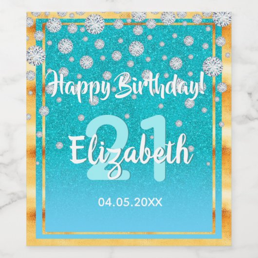 21e verjaardag blauwgroen blauwe diamanten naam wijn etiket (Enkel label)
