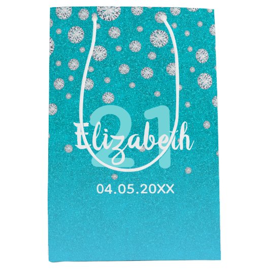 21e verjaardag blauwgroen blauwe groene glitter -  medium cadeauzakje (Voorkant)
