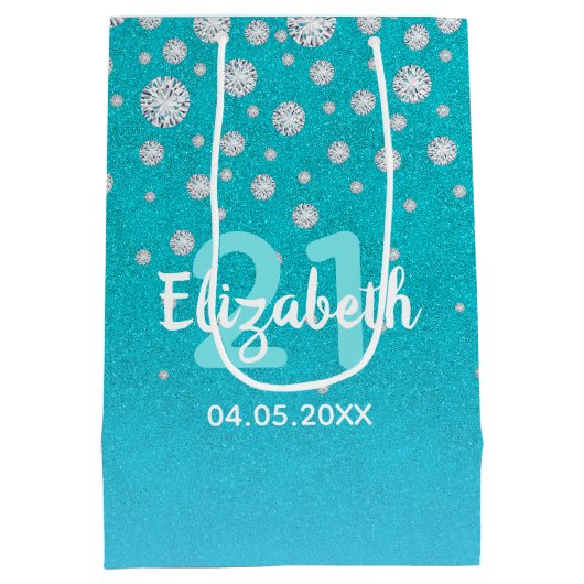 21e verjaardag blauwgroen blauwe groene glitter - medium cadeauzakje (Achterkant)