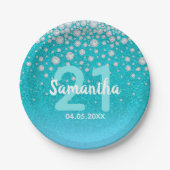 21e verjaardag blauwgroen blauwe groene glitter na papieren bordje (Voorkant)
