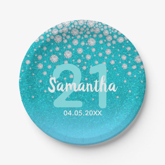 21e verjaardag blauwgroen blauwe groene glitter na papieren bordje (Voorkant)