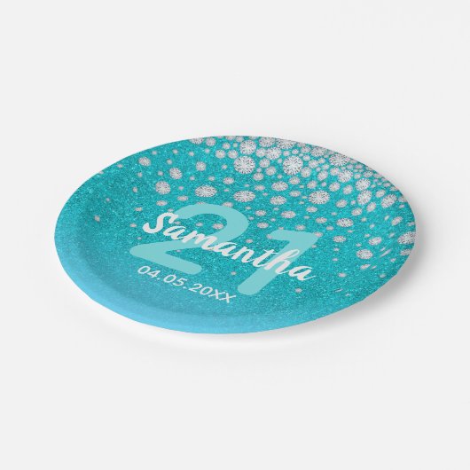 21e verjaardag blauwgroen blauwe groene glitter na papieren bordje (Gekanteld)