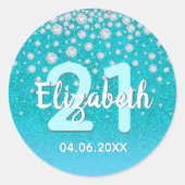 21e verjaardag blauwgroen blauwe groene glitter na ronde sticker (Voorkant)