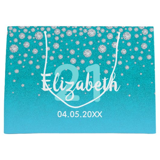 21e verjaardag blauwgroen blauwe groene glitterdia groot cadeauzakje (Voorkant)