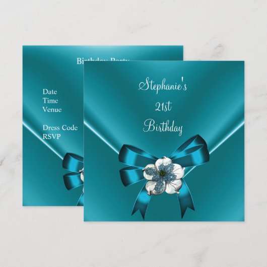 21e verjaardag Blauwgroen blauwe zijde witte juwee Kaart (Voorkant / Achterkant)