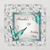 21e verjaardag Blauwgroen Floral Butterfly Silver  Kaart (Voorkant / Achterkant)