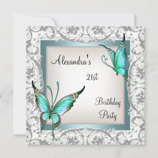 21e verjaardag Blauwgroen Floral Butterfly Silver  Kaart (Voorkant)