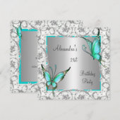 21e verjaardag Blauwgroen Floral Butterfly Silver Kaart (Voorkant / Achterkant)