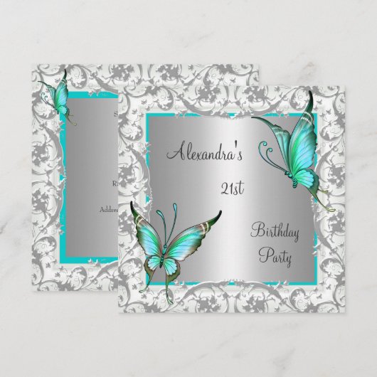 21e verjaardag Blauwgroen Floral Butterfly Silver  Kaart (Voorkant / Achterkant)