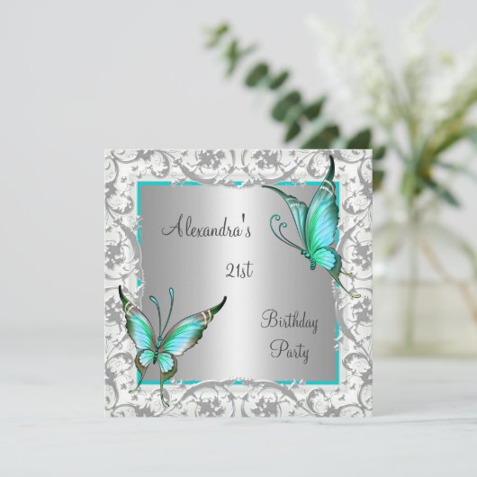 21e verjaardag Blauwgroen Floral Butterfly Silver  Kaart (Staand voorkant)