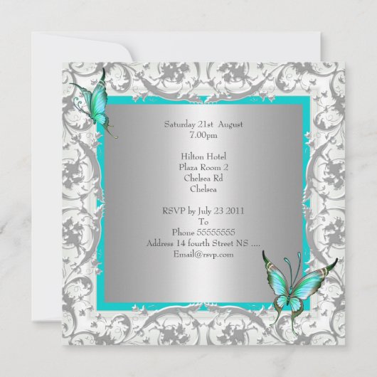 21e verjaardag Blauwgroen Floral Butterfly Silver  Kaart (Achterkant)