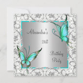 21e verjaardag Blauwgroen Floral Butterfly Silver  Kaart (Voorkant)