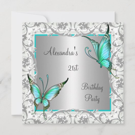 21e verjaardag Blauwgroen Floral Butterfly Silver Kaart (Voorkant)
